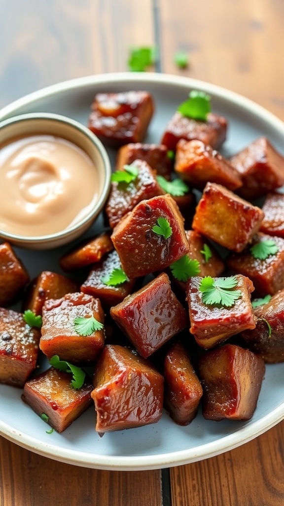 Juicy air fryer steak bites garnished with parsley on a rustic plate.